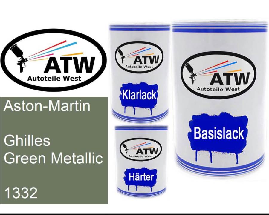 Aston-Martin, Ghilles Green Metallic, 1332: 500ml Lackdose + 500ml Klarlack + 250ml Härter - Set, von ATW Autoteile West.